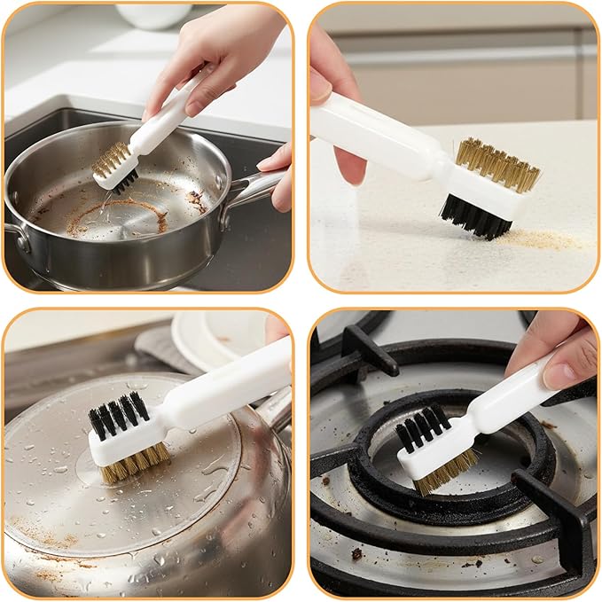4 in 1Kitchen Cleaning Scrub Brush, Deep Gas Stove Brass Wire Brush with Stiff Bristles & Cooktop Scraper Stainless Steel Scrubber for Range Hood Grease Grime Pot Pan Household Cleaning Tool