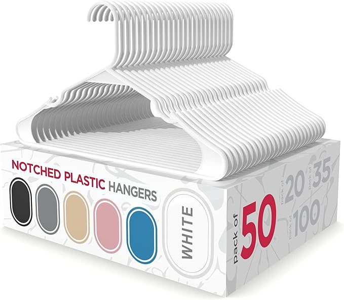Sharpty Plastic Hangers Clothes Hangers for Clothing, Closet, Coats & Shirts - Notched, Durable, Space Saving - for Everyday Standard Use, Room Essentials & Basics - 50 Pack - White