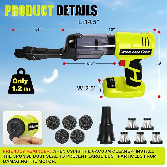 Cordless Vacuum Cleaner for Ryobi 18V Battery, 105AW Brushless Handheld Vacuum with 3-Speed Control, LED Light, 4 Nozzles & 5 Filters, Portable Vacuum for Car Floor Home (No Battery)