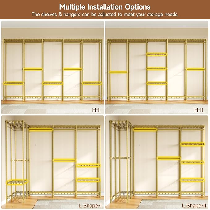 ONBRILL F5 Extra Large Industrial Pipe Clothing Rack, Freestanding Portable Closet Organizer System with Shelves & Hanging Rods, 88.6'' Wide Heavt Duty Clothes Rack, Max Load 1300lbs, Gold