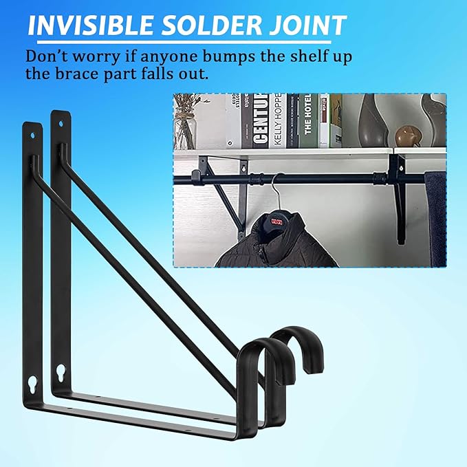 8 Pack Heavy Duty Closet Shelf & Rod Brackets 11 x 11 Inch, 300lbs Closet Shelf Bracket with Rod Holder for Home and Closet Decor, Wall Mount Closet Pole Support Bracket with Screws, Black