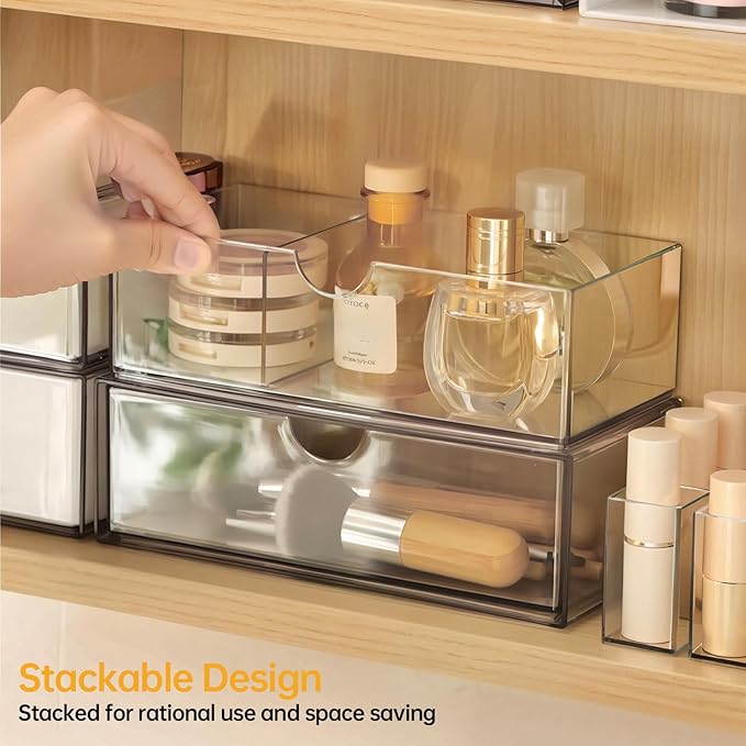PAVSTINE Medicine Cabinet Organizer 2 Pack, Stackable Storage Drawers with Removable Divider, Make Up Organizer for Bathroom Mirror Cabinets, Vanity, Closet, Countertop - Clear