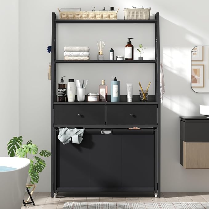 STIKELY Laundry Hamper Laundry Basket with 3 Section Pull-Out Rolling Bags & 2-Tier Storage Shelf, Laundry Sorter for Organization and Storage with 2 Drawers for Laundry Room, Bathroom