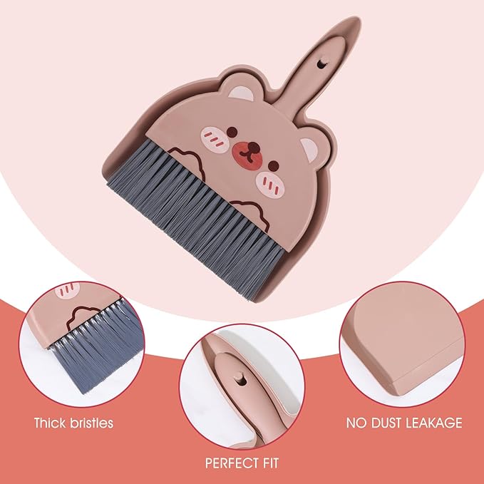 Portable Hand Broom and Dustpan Set, Cute Mini Dustpan and Brush with Bear Pattern, Small Cartoon Space Cleaning Tool for Home Office Desktop Car Camping Kitchen Tabletop (Brown)