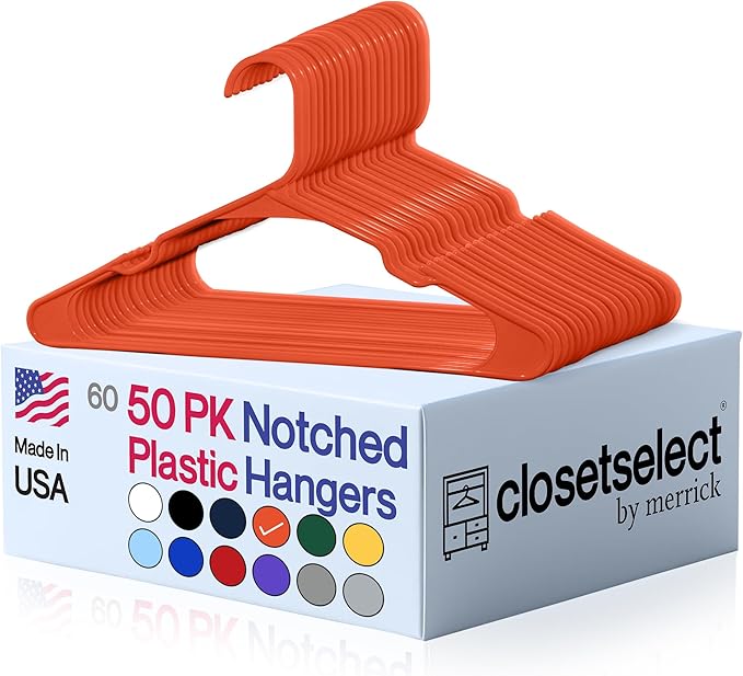 Closetselect Plastic Hangers 50 Pack - Space Saving Clothes Hangers, Made in USA, Durable & Strong Plastic Shirt & Coat Hanger with Notches & Shoulder Grooves, Non-Slip Hangers | Bright Orange