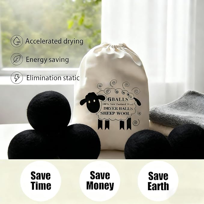 6 Pack Wool Dryer Balls Laundry Reusable Anti Static, Cotton Balls Wool Laundry Balls for Dryer Reduces Clothing Wrinkles Natural Fabric Softener Last 1000+ Loads (Black, 2.75 in/7 cm)