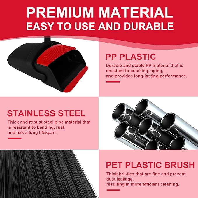 Broom with Dustpan Combo Set and Silicone Air Broom Kit, 51" Long Handle Floor Squeegee, Red Household Kit for Glass Window Rugs Pet Hair Home