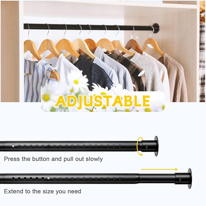 Closet Rod, 17 to 27 Inch Adjustable Closet Rods for Hanging Clothes Heavy Duty Closet Hanging Rod Metal Black Closet Poles for Wardrobes