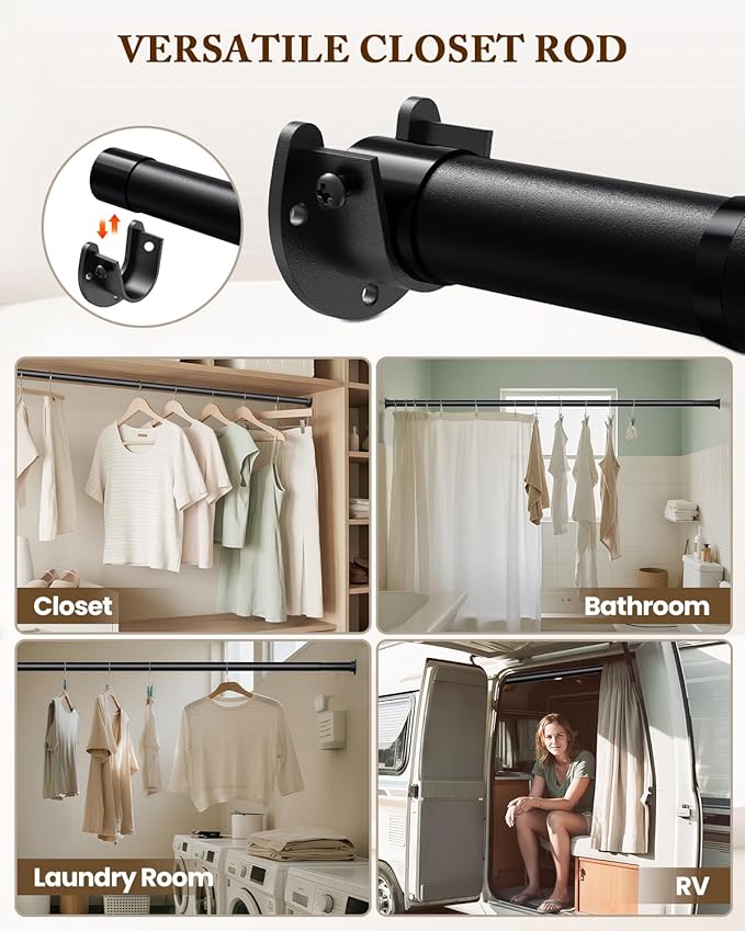 Closet Rod 17-39 IN, Heavy Duty Closet Rods for Hanging Clothes, Adjustable Closet Rods for Wardrobes Storage Laundry RV Bathroom, Easy Install, Black