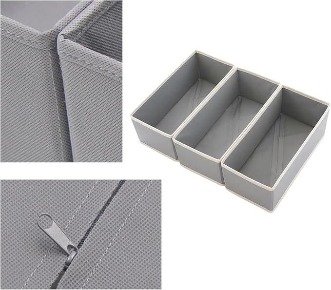 3-Pack Breathable Mesh Drawer Organizer - Foldable Fabric Storage Bins for Underwear, Bras & Socks, Removable Dividers for Closet & Dresser, Light Grey
