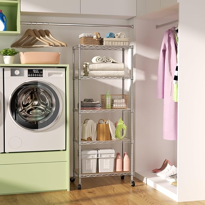 SINGAYE 5 Shelf Storage Wire Shelves Closet Bathroom Organizers Metal Pantry Kitchen Garage Shelving Unit Laundry Room Organization Home Narrow Rack Net Basket with Wheels Silver