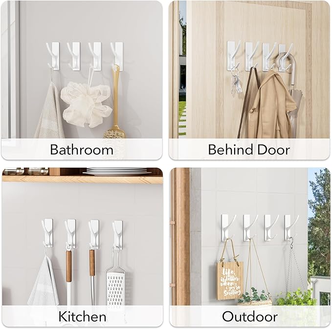 pickpiff White Self Adhesive Coat Hooks for Hanging: 13LB Extra Strong Stainless Wall Hook for Towel, Utensil, Backpack, Hat, Sturdy Metal Hanger for Bathroom, Kitchen, Door, 10 Pack