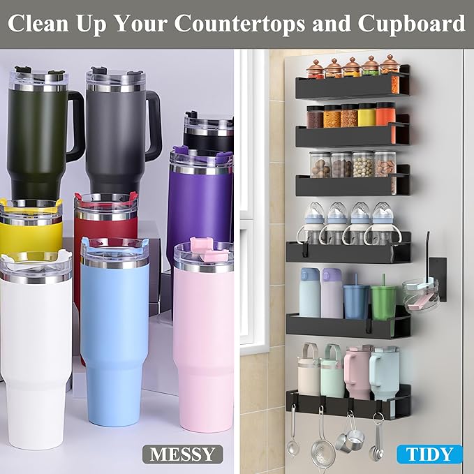 Magnetic Water Bottle Holder for Refrigerator, Cup Holder Organizer for Stanley and Tumbler for Kitchen, 6 Pack, Black