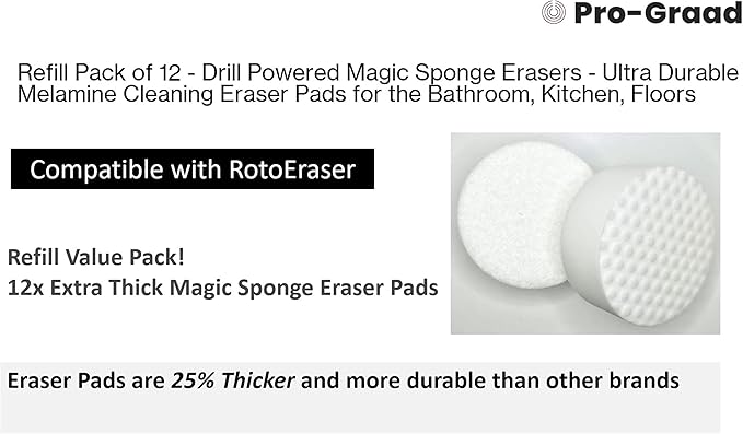 Refill Pack of 12 Drill Powered 3.5” Magic Sponge Erasers | Compatible with RotoEraser | 25% Thicker Ultra Durable Melamine Cleaning Eraser Pads for Bathroom Kitchen Floors | Round 3.5" x 1.25" Thick