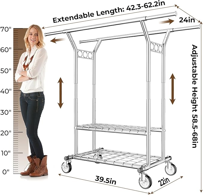 HYSEYY Heavy Duty Clothes Rack, Rolling Clothing Rack With Shelves Load 620 LBS, Double Rod Clothing Racks for Hanging Clothes, Portable& Adjustable Clothes Rack with Wheels Garment Rack