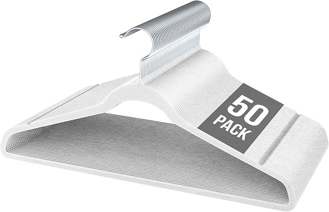 Velvet Hangers 50 Pack, Slim Non-Slip Clothes Hangers Space-Saving for Closet, Heavy Duty for Pants, Coats, Skirts, Jeans, Sweaters and More, Nylon-Flocked, White