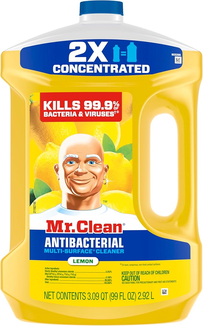 Mr. Clean Antibacterial All Purpose Cleaner, Floor Cleaner for Mopping Home, Bathroom, & Kitchen, Cleaning Liquid for Mop & Bucket, Cleaning Supplies, Multi-Surface Dilutable, Lemon, 99oz