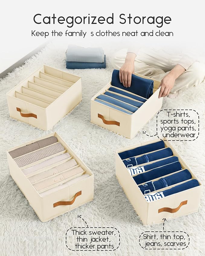 Homsorout Closet Organizers and Storage - Fabric Clothes Organizer with Handles, Foldable Jeans Organizer for Clothes, Drawer Organizer for Shirts, Bra, Sweater, Scarf, 4 Pack, Beige