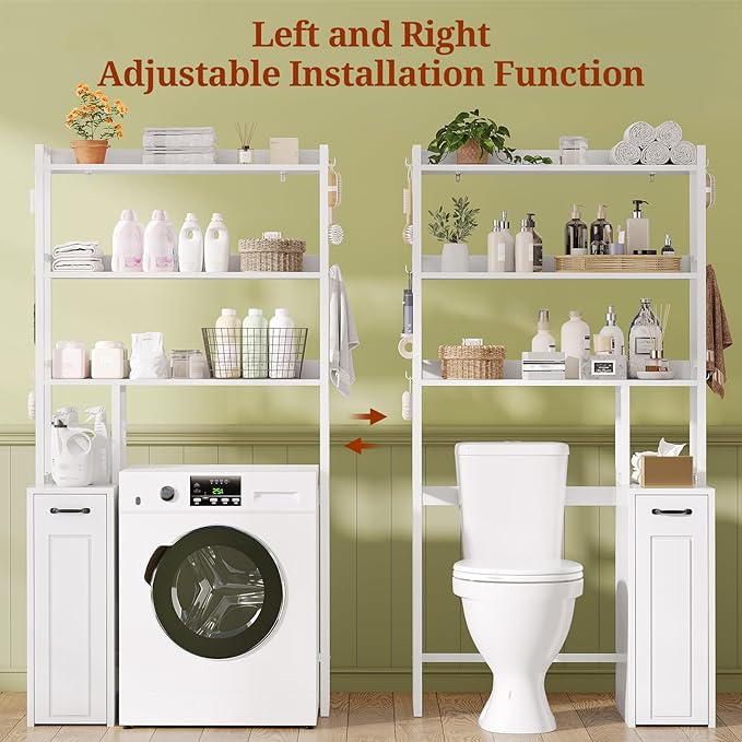 UPOSOJA Over The Toilet Storage Cabinet with Pulley, Bathroom Organizer W/6 Hooks for Restroom, Laundry, Plant Stand (White)