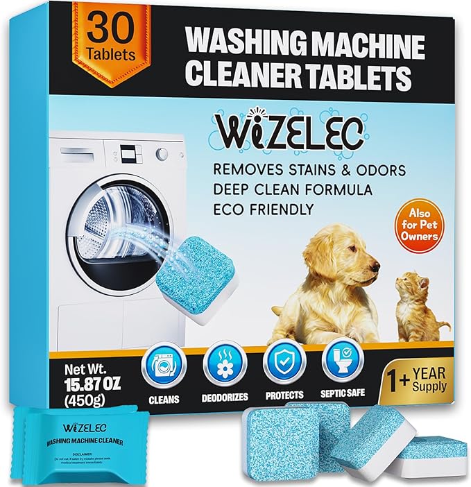 Washing Machine Cleaner Tablets - 30 Pack, 1+Year Laundry Use, Fits All Washers, Cleaning Drum & Tub Seal Removes Limescale, Odors & Buildup, Eco-Safe, Residue-Free, Pet-Friendly, Septic Safe