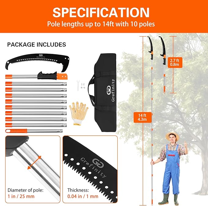 Manual Pole Saw for Tree Trimming, 14 FT Pruning Saw with 6-Section Stainless Steel Handle, Sharp steel Blade, Easy to Carry and Lightweight Extendable Design for Garden & Tree Maintenance