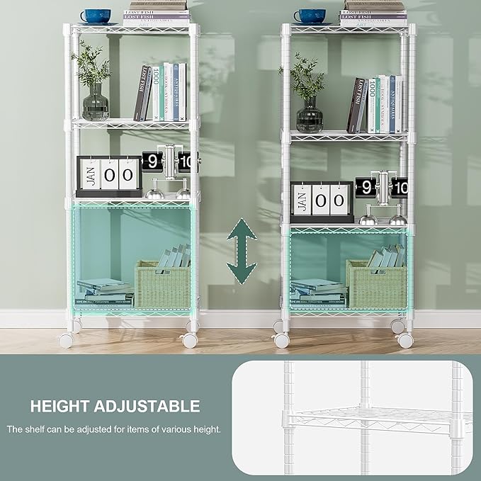 M MZG 1000 lbs 4-Shelf Adjustable Heavy Duty Steel Wire Rack, Adjustable Storage Shelving Unit with Wheel for Kitchen, Garage, Laundry White 11.8" D x 17.7" W x 40.8" H