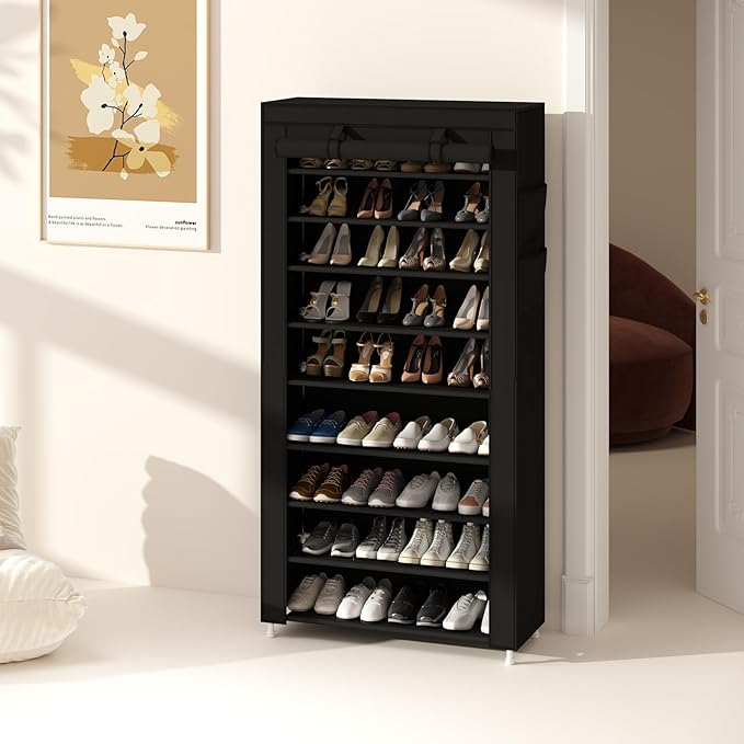 Calmootey 9 Tier Shoe Rack Organizer,Portable Shoe Shelf with Nonwoven Fabric Cover for Closet Hallway,Bedroom,Entryway,31.50x11.81x62.99inches,Black