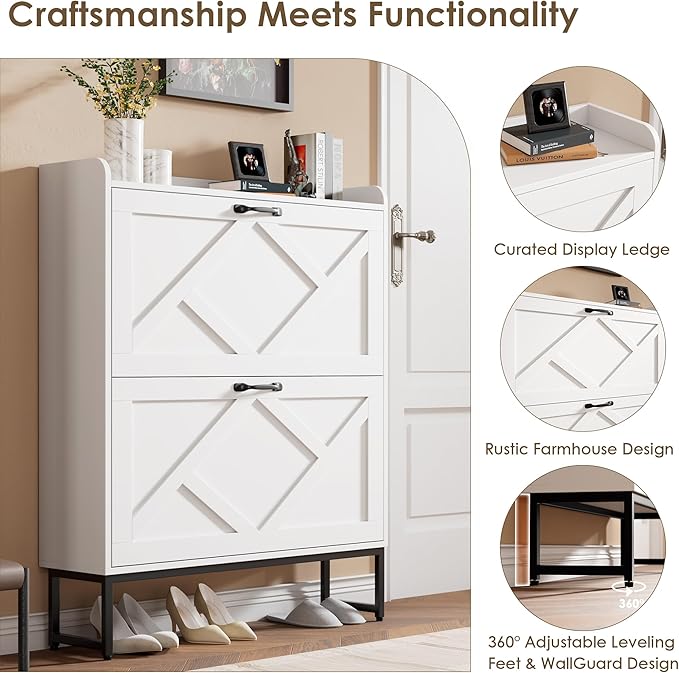 Nicetree Shoe Storage Cabinet with 2 Flip Drawers, Freestanding Shoe Organizer, Shoe Cabinet with Metal Legs, Narrow Shoe Rack Cabinet, Farmhouse Slim Shoe Cabinet for Entryway, Foyer, Hallway, White