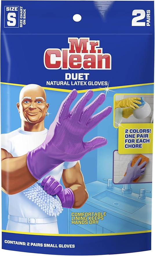 Mr. Clean Duet Reusable Latex Cleaning Gloves with Non-Slip Grip, 2 Pair, Small