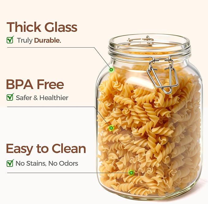 ComSaf Set of 3 Square Glass Jars with Airtight Lids (51 Oz), Wire Clamp Canisters for Pickling, Kombucha & Bulk Food, Wide Mouth Canning Jars for Space Saving Kitchen & Pantry Organization