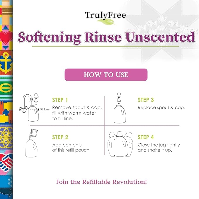 Truly Free Natural Fabric Softener | Non-Toxic for Babies & Kids Sensitive Skin | Plant-Based Laundry Softening Conditioner | Safe, Gentle & Chemical-Free | Unscented | 4 Pack Refill