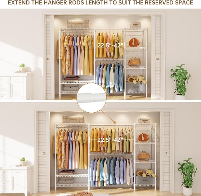 Golpart Coat Rack Clothes Wardrobe：Closet Organizer and Storage Clothing Garment Rack with Shelves Heavy Duty for Hanging Clothes Portable Adjustable White 15.8" Dx(70-88.5)" Wx76.5 H
