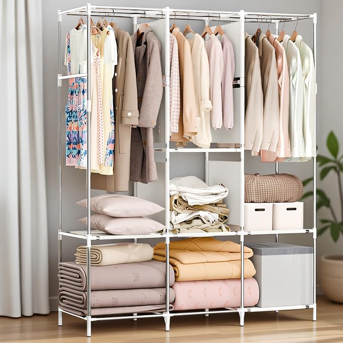 BAOKALER Portable Closet for Hanging Clothes 67 Inch Wide Large Capacity Portable Wardrobe Closet with Cover, Storage Shelves and 3 Hanging Rod, Gray Wardrobe Closet Easy to Assemble and Strong