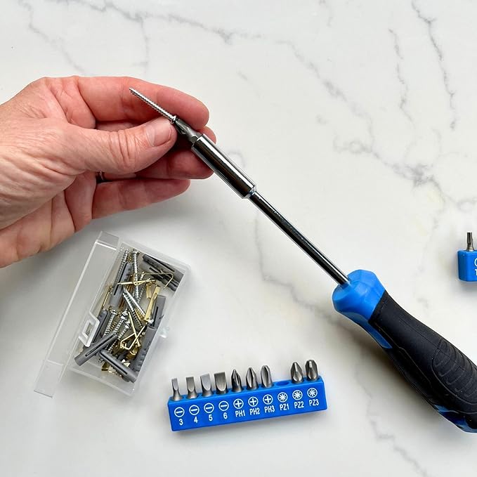 Apollo Tools 81-Piece Home Tool Set with 3.6V Li-Ion USB Cordless Screwdriver, Rotating Handle, LED Light, Hand Tools & Picture Hanging Kit – Compact Household Repair & DIY Kit, Blue/Gray DT2020