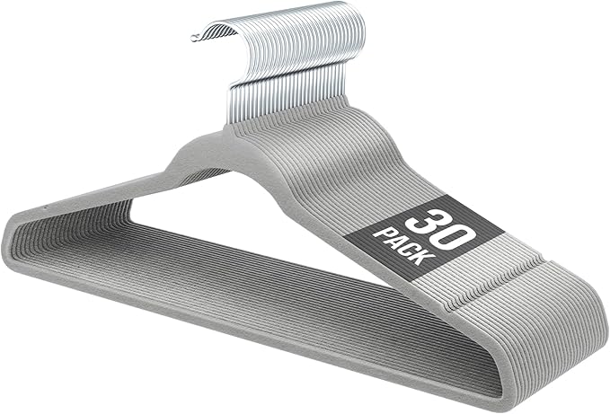 Velvet Hangers 30 Pack, Slim Non-Slip Clothes Hangers Space-Saving for Closet, Heavy Duty for Pants, Coats, Skirts, Jeans, Sweaters and More, Nylon-Flocked, Grey