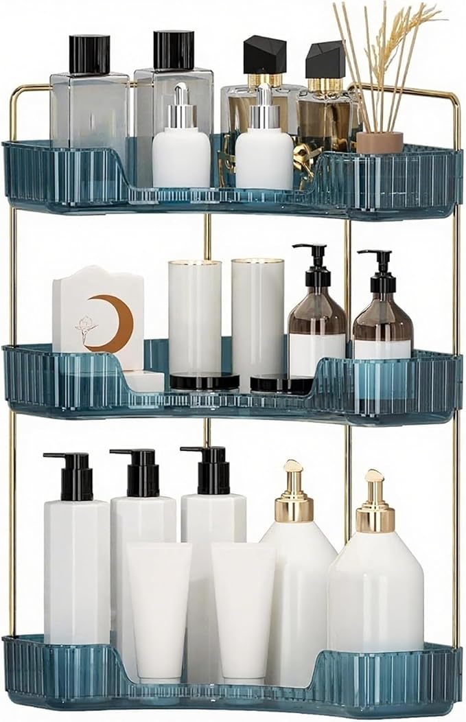 INVSSENE Corner Bathroom Countertop Organizer, Vanity Organizer Trays for Counter, Makeup Organizers, Perfume Tray, Skincare Shelf Storage Gifts for Women Girl Student (Blue, 3 Tiers)