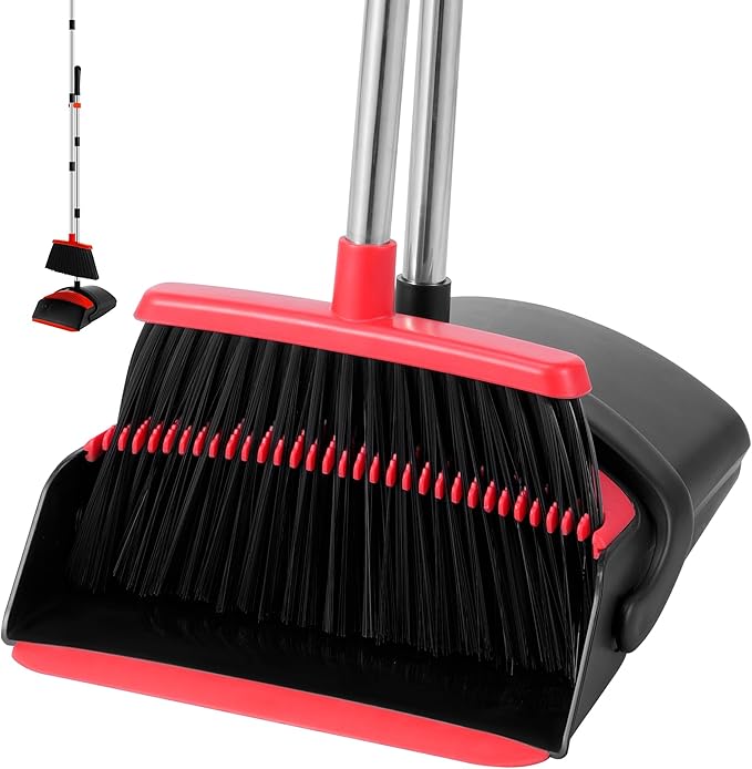Broom with Dustpan Combo Set for Home 54-in Long Adjustable Handle Angle Broom and Dustpan Set with Dustpan Comb Teeth for Sweeping Pet Hair Food Dirt Kitchen (Black)