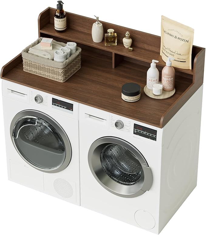 2-Tier Washer Dryer Countertop, Laundry Room Organization and Storage, 27.6" x 54" Wood Laundry Countertop for Washer and Dryer, Walnut