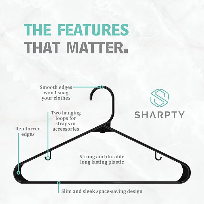 Sharpty Plastic Hangers Clothes Hangers for Clothing, Closet, Coats & Shirts - Durable & Space Saving - for Everyday Standard Use, Room Essentials & Basics - 60 Pack - Black