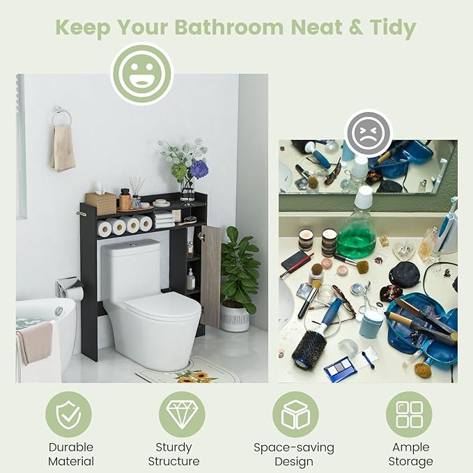 Giantex Short Over The Toilet Storage Cabinet, Bathroom Organizer w/Single Door Cabinet & Adjustable Shelves, Freestanding Space Saver Above Toilet Storage for Restroom, Laundry Room (Black+Oak)