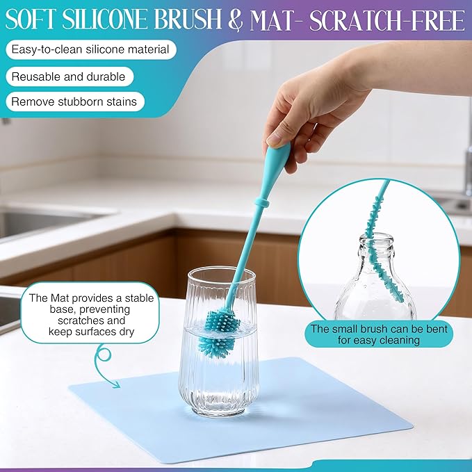 Enhon 13 Piece Glass Cleaning Kit, Reusable Glass Cleaner Kit with Cleaning Plugs & Caps, Silicone Bottle Brushes, Cleaner, Mat, Folding Funnel, Storage Bag & Towel, Effortless Washing & Easy Storage