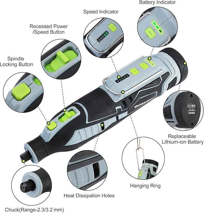 WORKPRO 12V Cordless Rotary Tool Kit, 5 Variable Speeds, Powerful Engraver, Sander, Polisher, 114 Easy Change Accessories, Craft Tool for Handmade and DIY