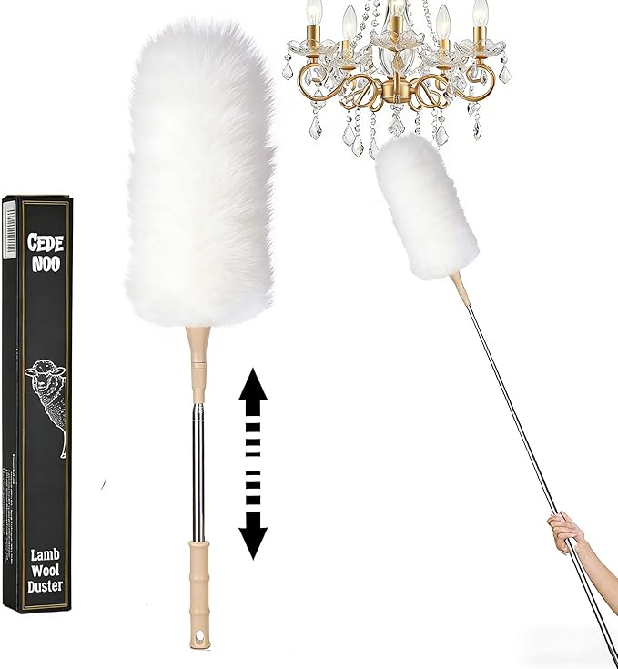 Lambswool Duster Extendable 22–55 Inch Natural Wool Duster with Flexible Head for Ceilings Furniture Blinds Electronics Washable Reusable White