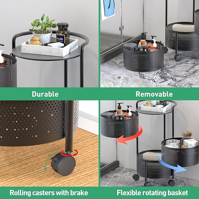 JAQ 3-Tier No Assembly Vegetable Storage Rack, Under Counter Rotating Fruit Basket with Wheels, Carbon Steel Kitchen Organizer for Potato Onion, Fruteros Para Cocina, Black