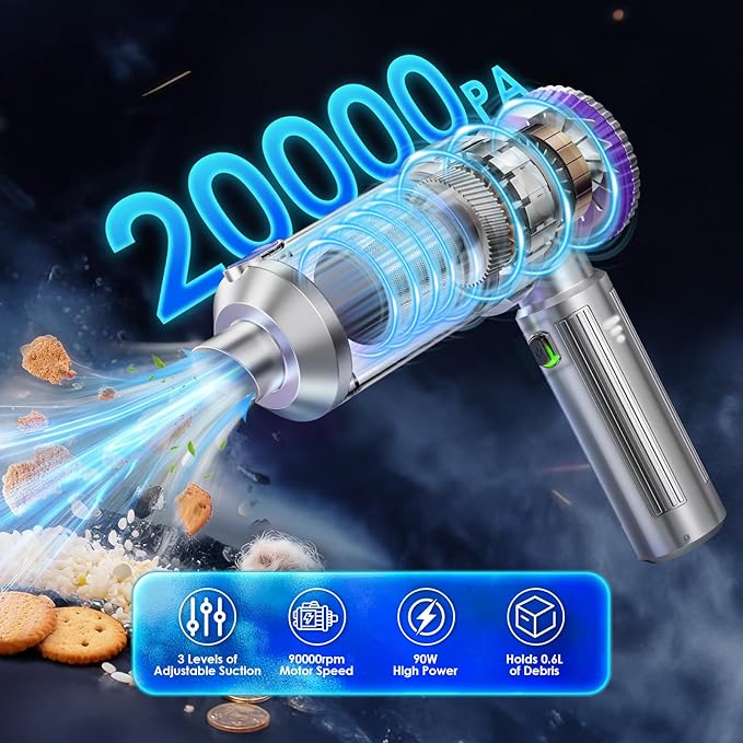 Handheld Car Vacuum Portable Cordless with 20000Pa Powerful Suction, Mini Hand Held Car Vacuum Cleaner with 3-Speed Adjustment, 90000RPM Motor, With Nozzles for Home, Pet Hair, Keyboard, Desk