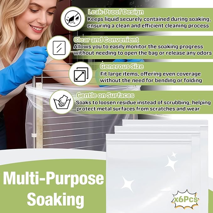 6-Pack 15.7 x 23.7 Inch Oven Rack Cleaning Bags, Reusable No-Scrub Soaking Bags with Sealed Zip for Removable Oven Racks, Grill Grates and BBQ Racks, Leak-Resistant Clear PE, No Cleaner Included