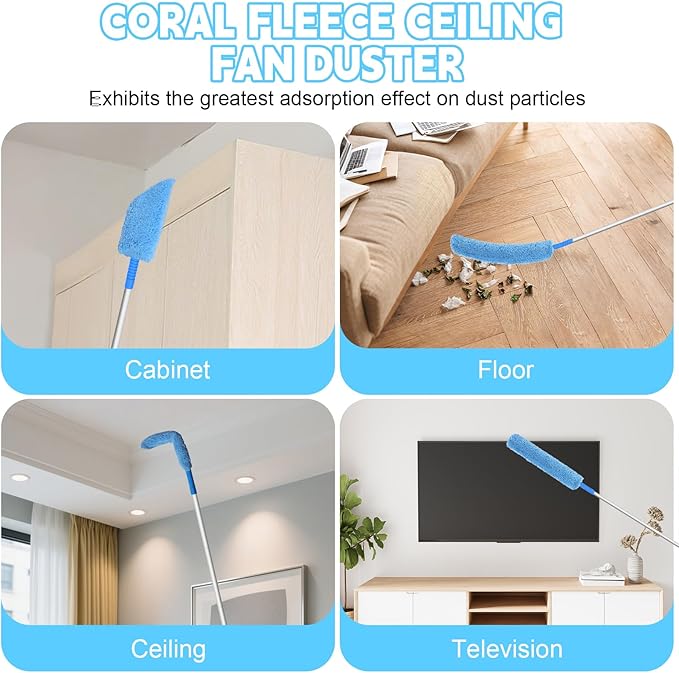 Eunice 13-49.7 Inches Ceiling Fan Duster with Extension Pole, U-Shape and Coral Fleece Heads Adjustable and Removable Fan Cleaner Blade for High Ceiling, Window Door Furniture (Blue)
