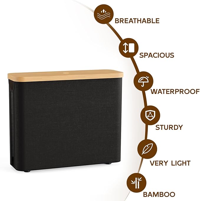 Toilet Paper Storage Basket with Bamboo Lid, Toilet Paper Holder with Storage, Free Standing Bathroom Storage Organizers with Non-Slip Bottom, Black 1 Pack