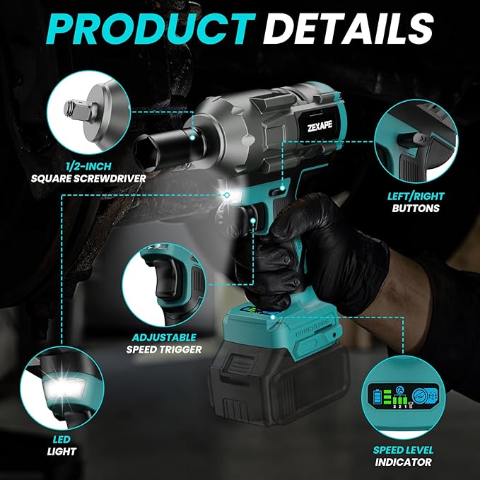 Cordless Impact Wrench 1/2 inch for Makita 18V Battery, Impact Wrench 1360N.m(950Ft-lbs) High Torque Brushless Electric Impact Gun, Power Impact Driver with 3-Mode Speed, LED Work Light(no battery)