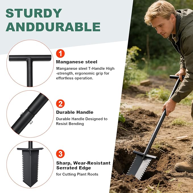 Metal Detecting Shovel 39inch Spade Shovel Lightweight Metal Detector Shovel Effortless Cutting Root Slayer Shovel Serrated Shovels for Digging, Treasure Hunting, Garden Transplanting, Trenching